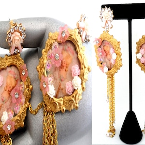 Marie Antoinette Portrait Earrings 6&quot; Chain Tassel Shoulder Duster French Court Rococo Baroque Runway Statement Couture Studio