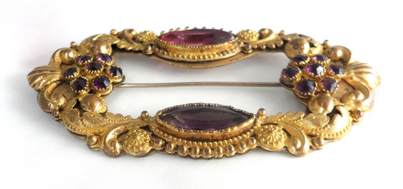 Large Rectangular Sash Pin 3 Inch Antique Brooch 1800s Victorian Etruscan Revival Byzantine Floral Purple Rhinestones Pink Navette Crystal