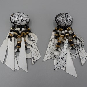 1980s Charm Tassel Earrings Black and White Paint Splatter Modern Art Geometric Statement Chandelier Earrings 3.5&quot;