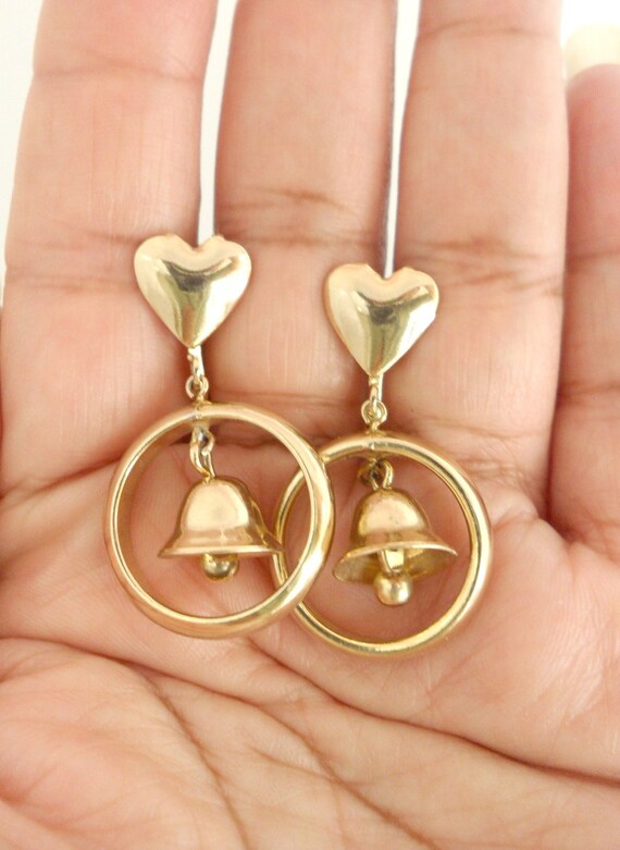1940s Gold Tone Heart Earrings Tinkling Bell in C… - image 1