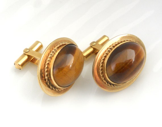 Mens Vintage Cufflinks Gold Tone Oval with brown topax Stone