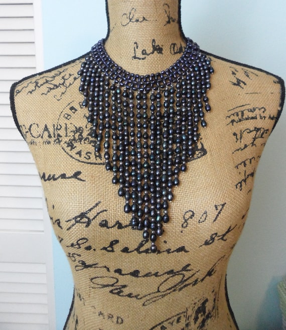 Midnight Blue Potato Pearl Waterfall Necklace Fres