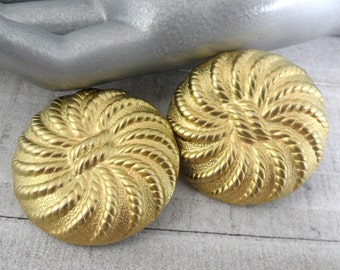 Large Clip On Earrings 1 5/8 Inch Textured Gold Metal Spiral Circle Button Statement Couture Runway Chic Designer 1980s Vintage Gift For Her