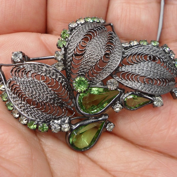 Victorian Gothic Leaf Brooch 3 Leaves Gunmetal Cannetille Filigree Glass Teardrops Rhinestones 2.25"