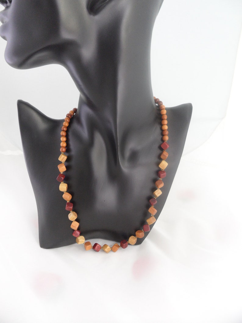 Wood Block Necklace 18 Inch Square Bead Necklace Modernist Jewelry Craftsman Style Geometric Cubist Cherry Oak and Maple Wooden Cubes