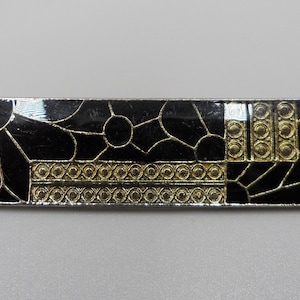 Art Deco Bar Brooch Black and Gold Cloisonné Enamel Floral Geometric Sunburst