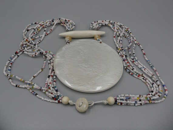 Faux MOP Pendant Necklace Gong Asian Art Glass Wo… - image 6