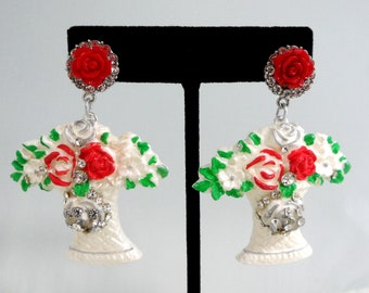 Red Rose Bouquet Earrings Large Floral Statement Hand Painted Resin Flower Arrangement Classical Rhinestone Whimsical Runway Gift For Her