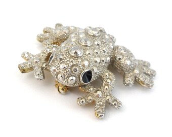 Huge Antique Frog Brooch Silver Marcasite Broach Black Enamel Victorian Figural Pin Statement Couture Runway Whimsical Whimsy Nature Lover