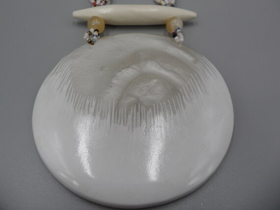 Faux MOP Pendant Necklace Gong Asian Art Glass Wo… - image 2