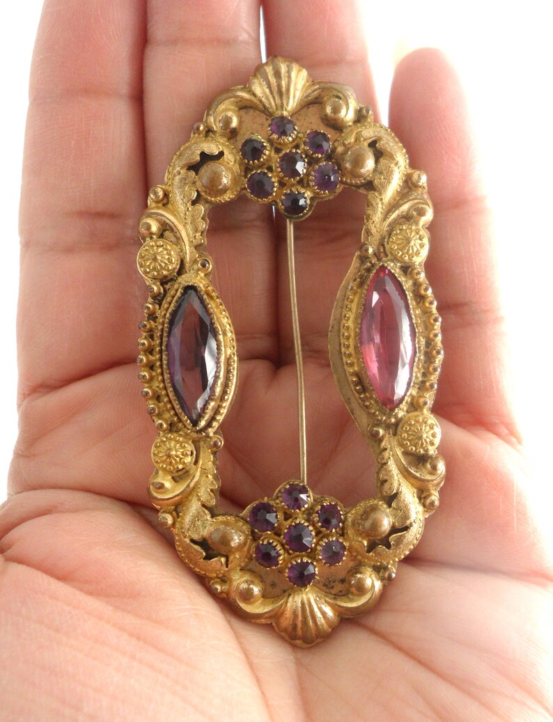 Large Rectangular Sash Pin 3 Inch Antique Brooch 1800s Victorian Etruscan Revival Byzantine Floral Purple Rhinestones Pink Navette Crystal
