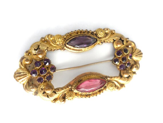 Large Rectangular Sash Pin 3 Inch Antique Brooch 1800s Victorian Etruscan Revival Byzantine Floral Purple Rhinestones Pink Navette Crystal