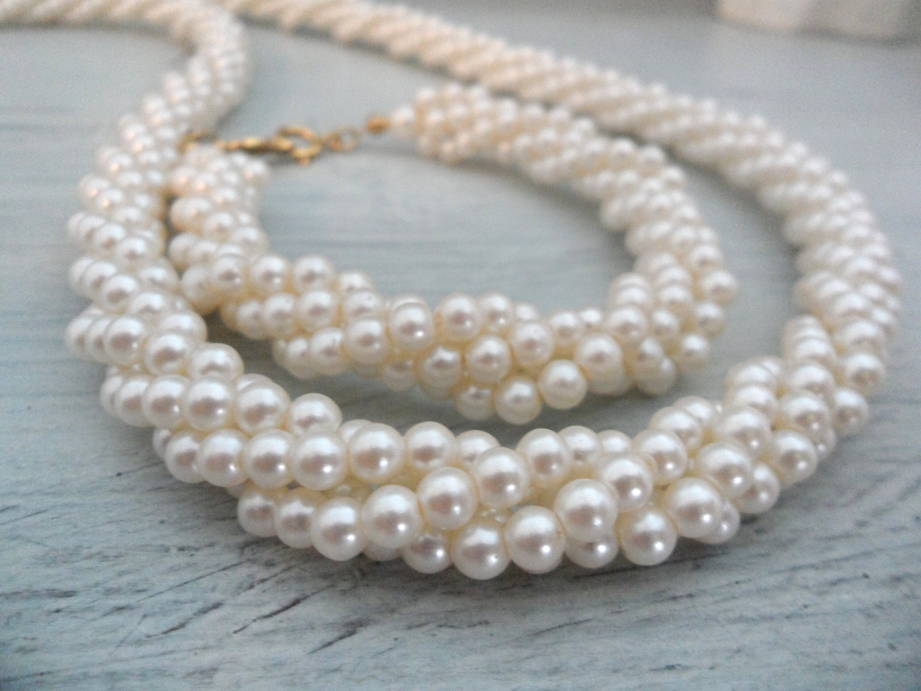 Signed Napier Three Strand Faux Pearl Necklace - Ruby Lane