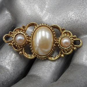 Victorian Revival Brooch Faux Pearl Cabochon Gold Tone Filigree Openwork Millegrain Beaded Edges 1.5&quot;