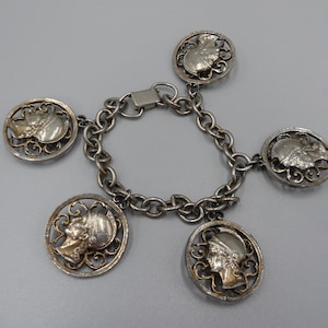 Antique Charm Bracelet Double Sided Etruscan Roman Soldier Flower Medallion 1.25&quot; Wide 7.75&quot; Long