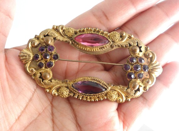 Large Rectangular Sash Pin 3 Inch Antique Brooch 1800s Victorian Etruscan Revival Byzantine Floral Purple Rhinestones Pink Navette Crystal