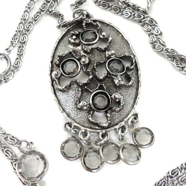 Goldette Signed Layered Pendant Necklace 3 Strand Antique Silver Snail Chain Modernist Brutalist Openwork Crosses Gray Briolettes Couture
