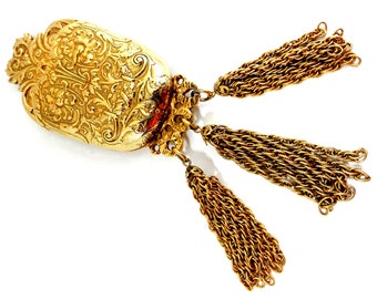 Rare Massive ACCESSOCRAFT NYC Signed Chatelaine Brooch Etui 7" Heavy Gold Tone Ornate Floral Baroque Tassel Rococo Victorian Art Nouveau