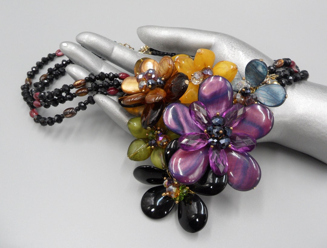 Vintage Flower Cluster Bib Necklace Multi Strand Multicolor Briolette