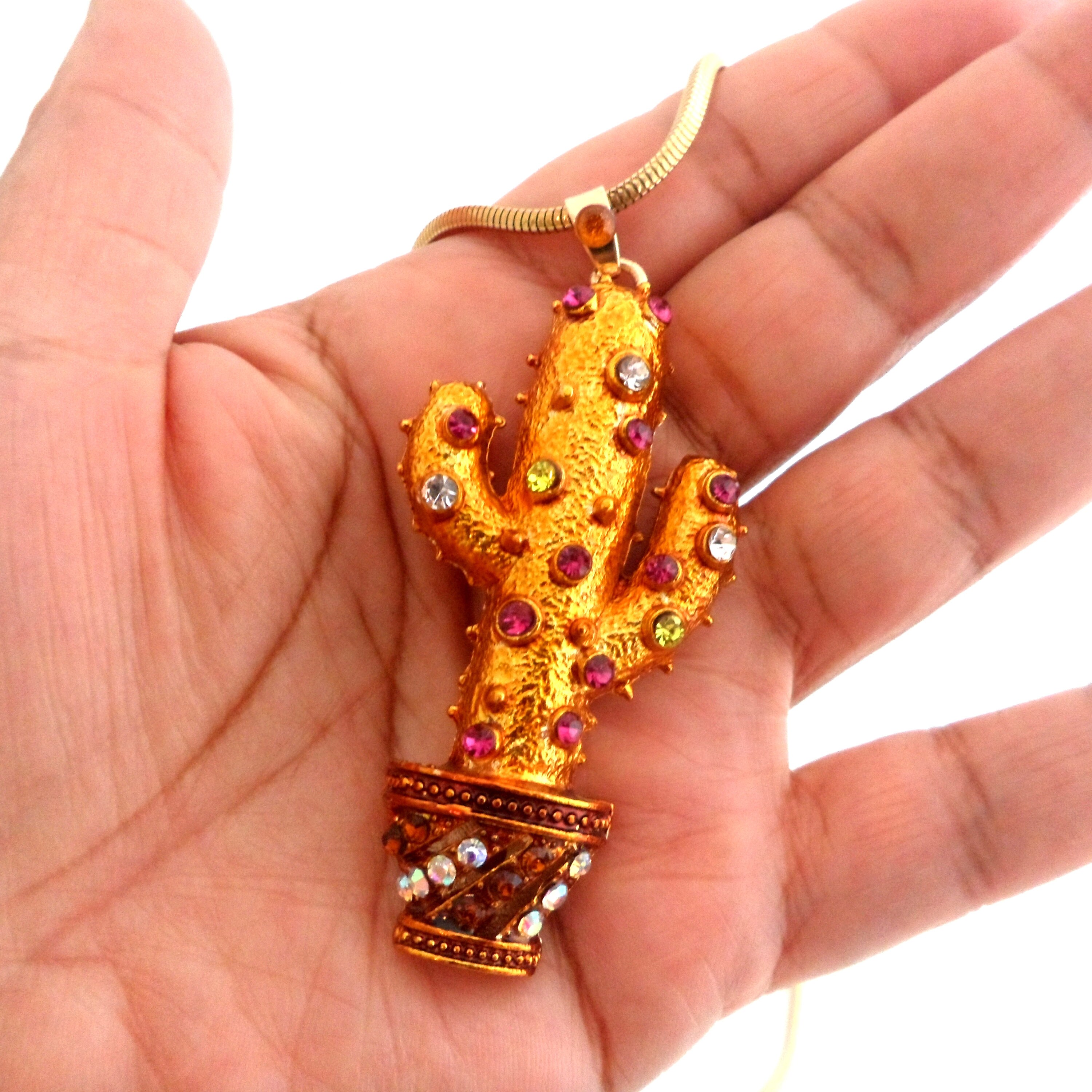 Jeweled Saguaro Cactus Necklace Large Enamel Rhinestone