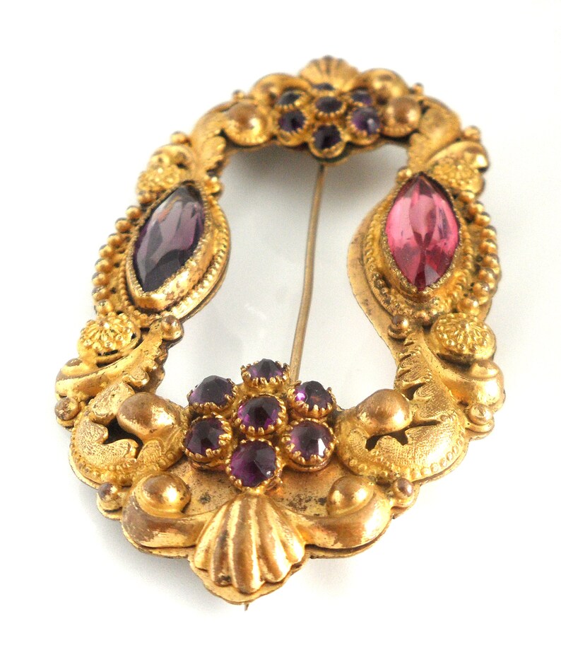 Large Rectangular Sash Pin 3 Inch Antique Brooch 1800s Victorian Etruscan Revival Byzantine Floral Purple Rhinestones Pink Navette Crystal