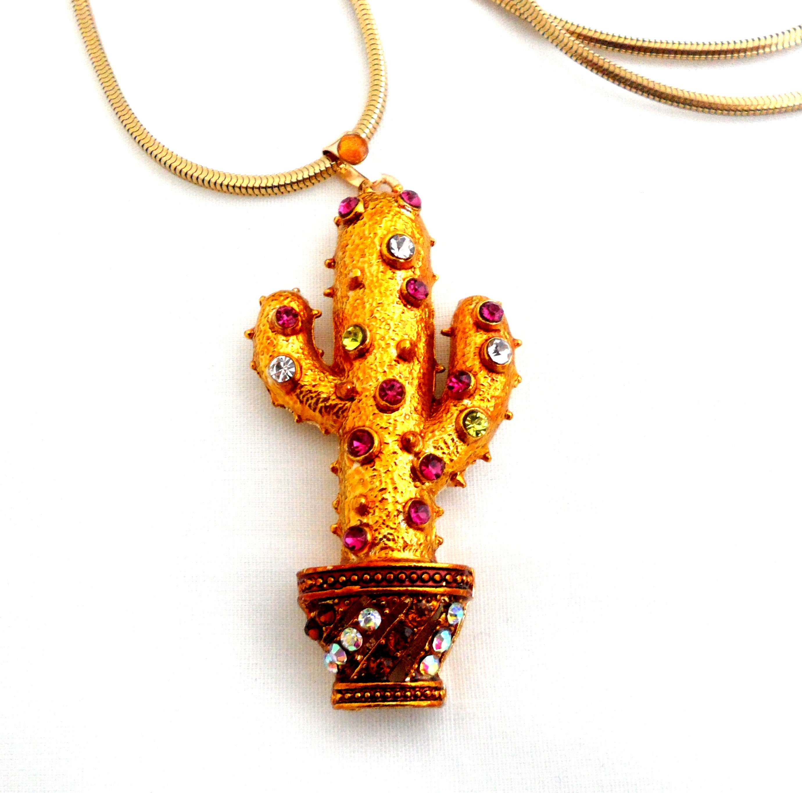 人気新品入荷 Jeweled Saguaro Cactus Necklace Large Enamel Rhinestone アクセサリー