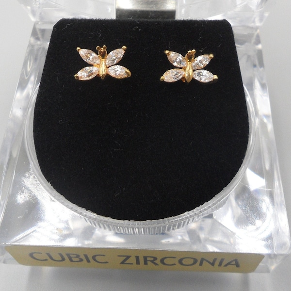 JC Penney Butterfly Earrings Tiny Cubic Zirconia Marquise Navette Studs New Old Stock In Original Box