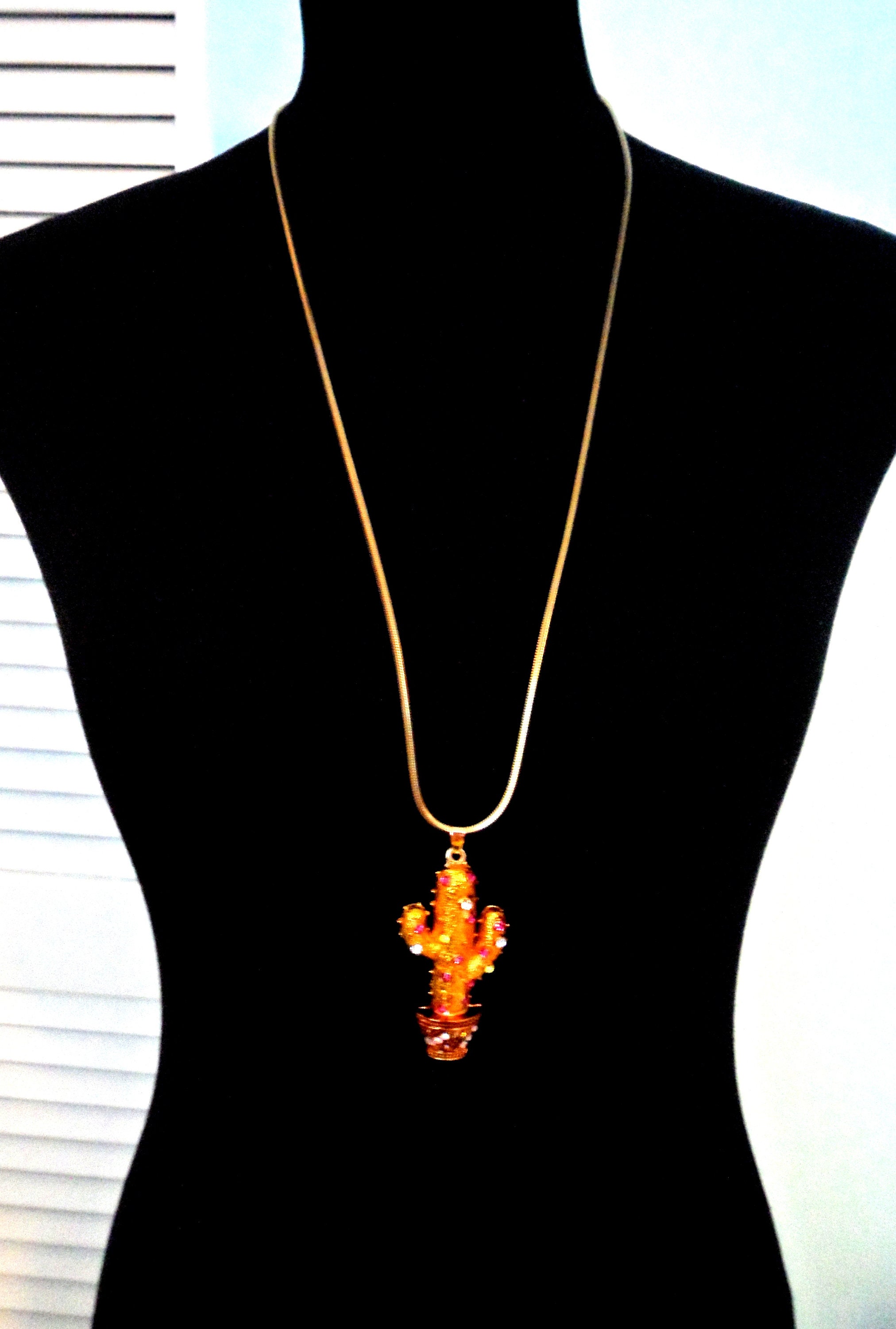 Jeweled Saguaro Cactus Necklace Large Enamel Rhinestone