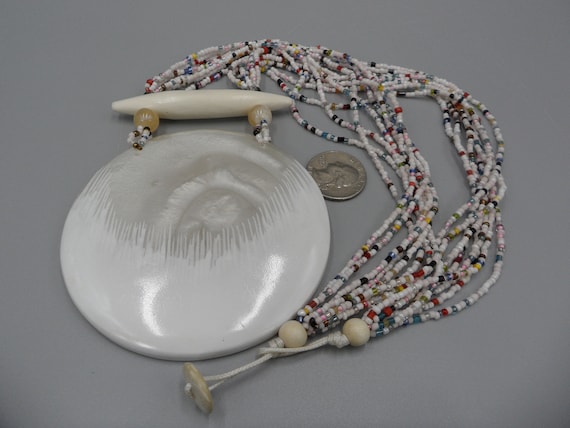 Faux MOP Pendant Necklace Gong Asian Art Glass Wo… - image 1