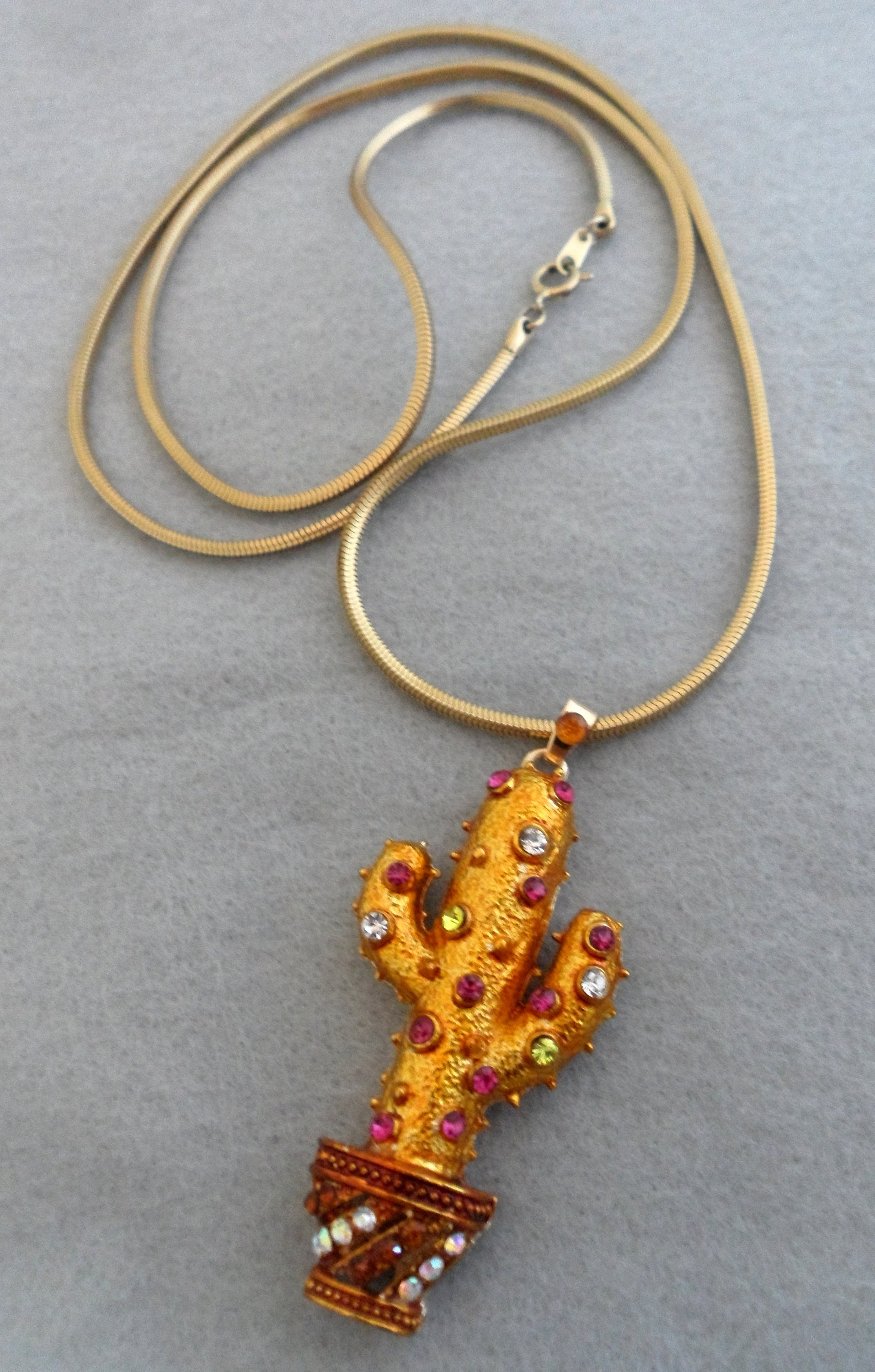 Jeweled Saguaro Cactus Necklace Large Enamel Rhinestone