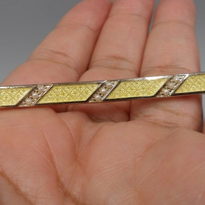 1950s Victorian Revival Bar Brooch Textured Yellow Enamel Faux Seed Pearls 2.25&quot;