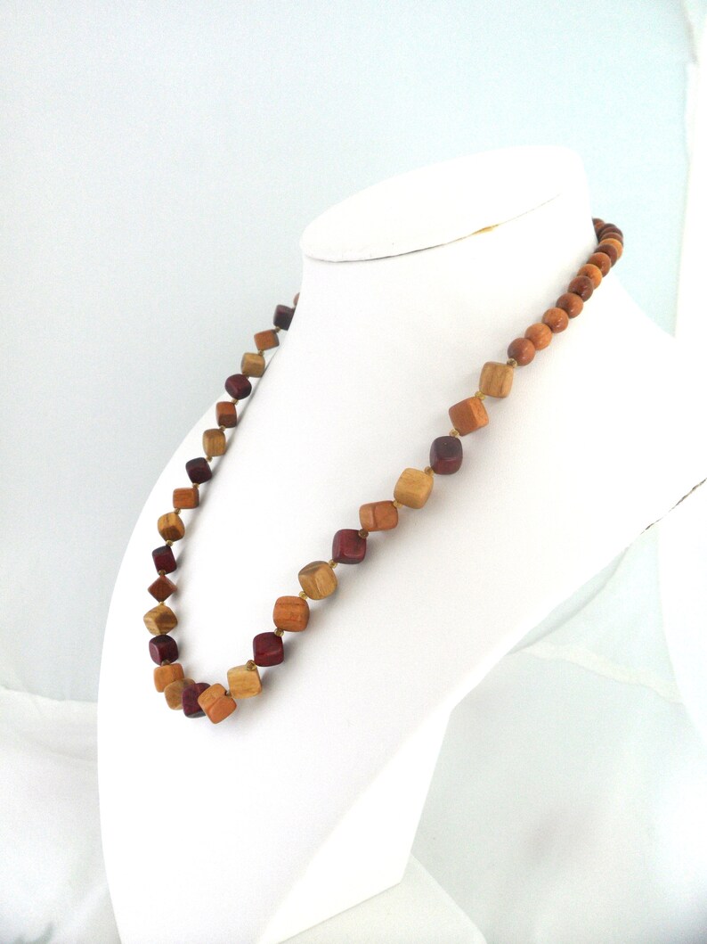Wood Block Necklace 18 Inch Square Bead Necklace Modernist Jewelry Craftsman Style Geometric Cubist Cherry Oak and Maple Wooden Cubes