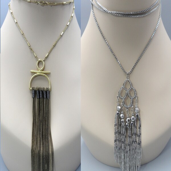 Chain Tassel Pendant Necklaces Bohemian Boho Tribal Chic 70s Retro: Gold Stick Figure Silver Sautoir Station Long Box Chain, Your Choice