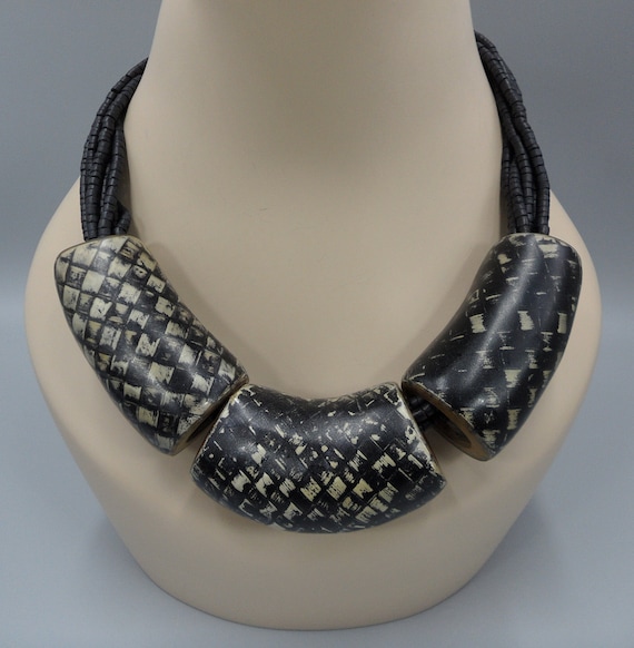 Vintage African Tribal Necklace Chunky Collar Woo… - image 1