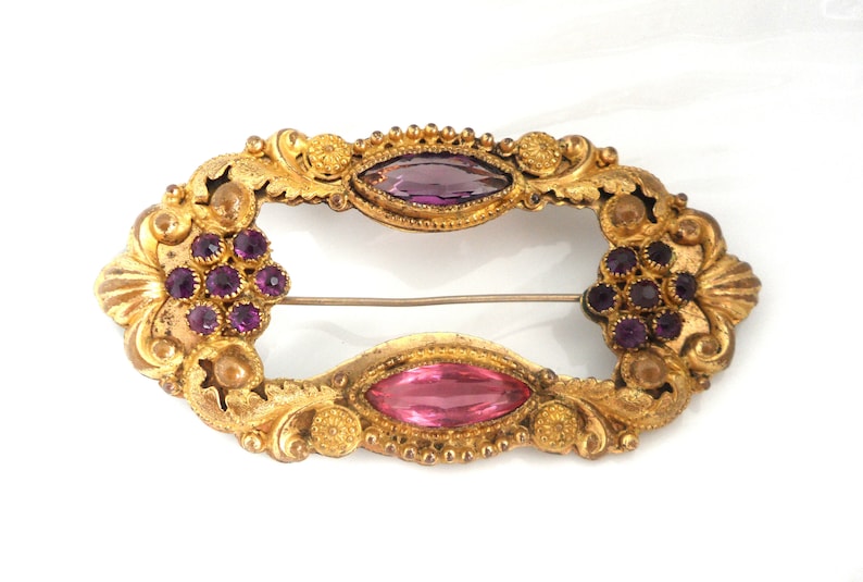 Large Rectangular Sash Pin 3 Inch Antique Brooch 1800s Victorian Etruscan Revival Byzantine Floral Purple Rhinestones Pink Navette Crystal