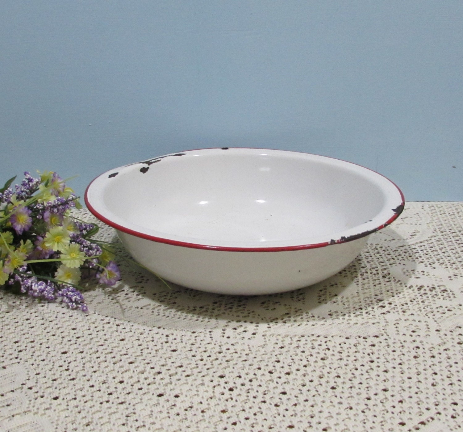 White Enamel Pan with Red Trim Enamelware Retro Country Etsy