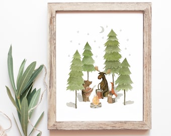 Camp Song- Unframed ART PRINT, Bear, Fox, Moose, Watercolour, Watercolor, Nature, Camping, Love, Woodland, Nursery, Wall Decor, Home Decor