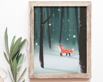First Snowfall, Unframed Art Print, Fine Art, Fox, Nature, Forest Print, Nursery, Wall Decor, Home Decor, Woodland Print, Kid Room decor