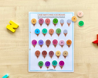 Lowercase and uppercase ice-cream matching game, letter matching, printable busy binder sheets for preschool and homeschool, busy book