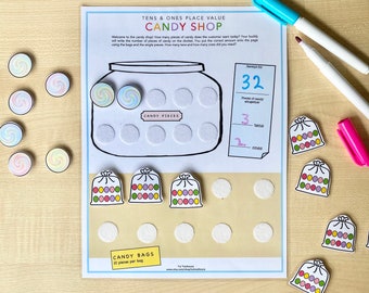 Place Value Candy Shop - printable math page, pre-K math printable, kindergarten math printable, first grade math, first grade busy book
