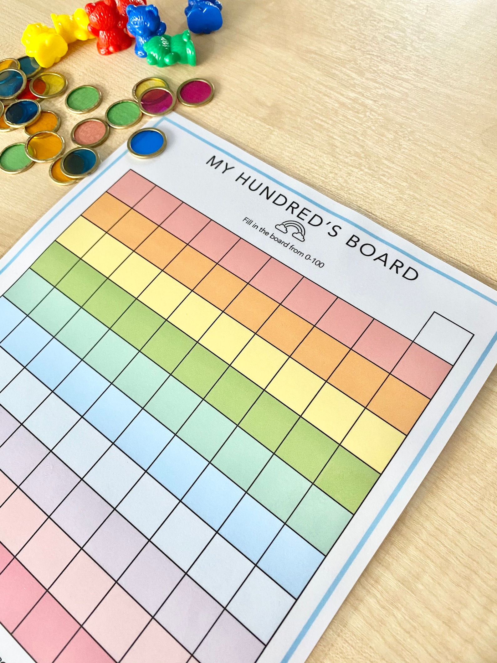 Printable hundreds board / hundreds chart rainbow colours Etsy España