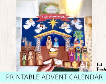 Calendario dell'Avvento stampabile con 25 figure in velcro da aggiungere - tema natività. Calendario dell'avvento fai da te, attività del presepe per bambini, attività dell'avvento per bambini