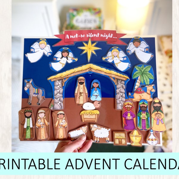 Printable Advent Calendar with 25 velcro figures to add - nativity theme. DIY advent calendar, kids nativity activity, kids advent activity