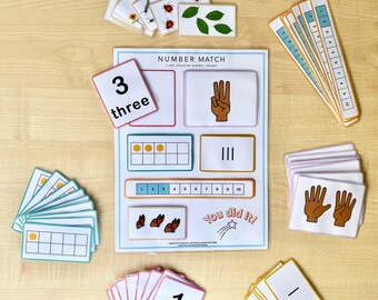 NUMBER MATCH printable - number match game, busy book, number flashcards, preschool math, kindergarten math flashcards, montessori counting