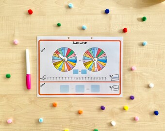 Subtract It! Spin wheel learning mat. Subtraction practice, math learning mat, kindergarten math learning mat, printable subtraction sheet