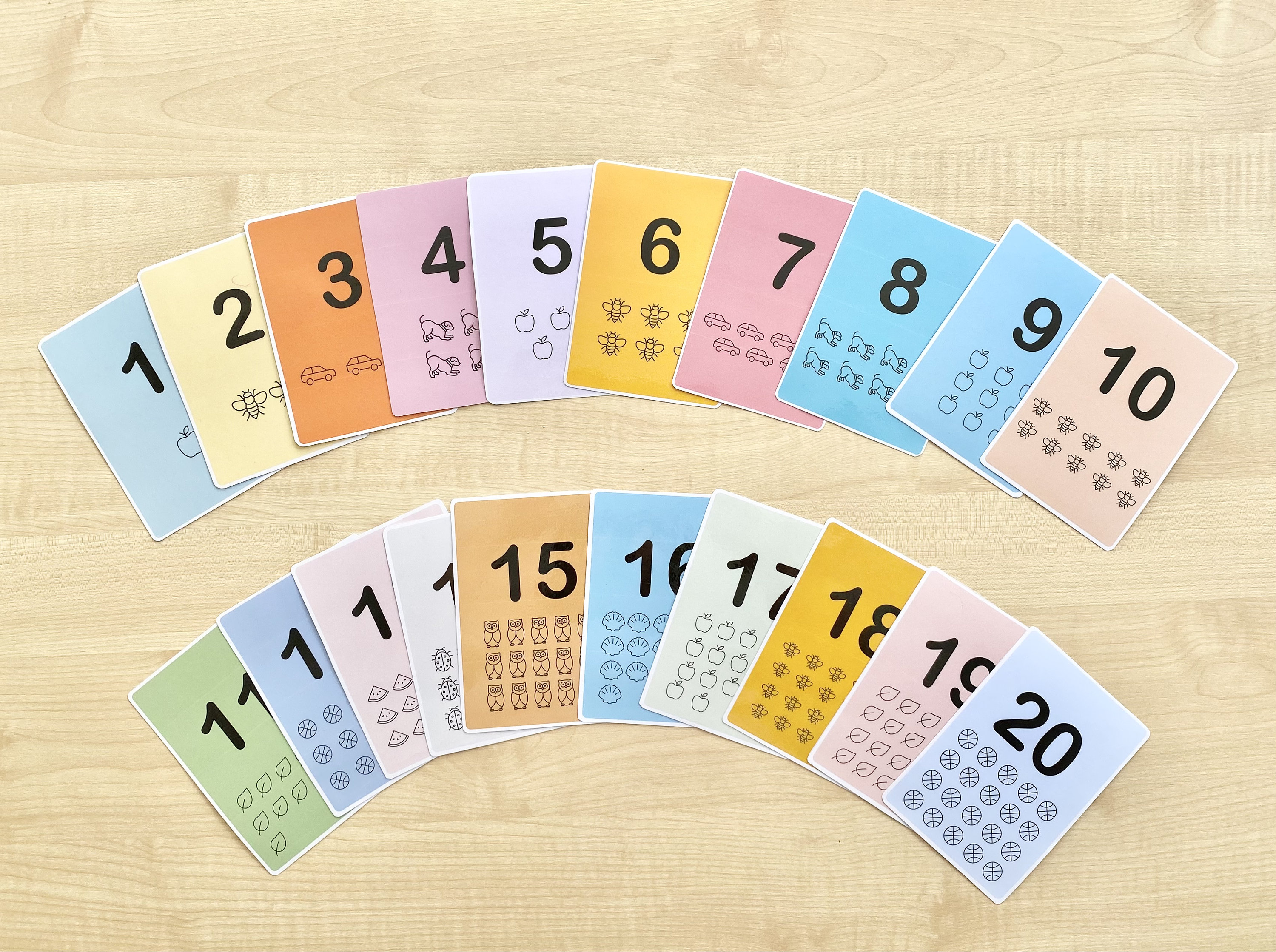 数字フラッシュカード 1-20、数えるフラッシュカード、数え方を学ぶ、数字を学ぶ、幼稚園フラッシュカード、印刷可能な数字フラッシュカード、ホームスクール