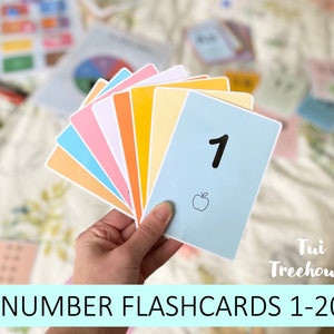 Puede incluir: Un conjunto de tarjetas de n&uacute;meros de colores con una tarjeta azul claro que muestra el n&uacute;mero "1" y una peque&ntilde;a ilustraci&oacute;n de una manzana. El texto "NUMBER FLASHCARDS 1-20" est&aacute; en la parte inferior de la imagen. El texto "Tui Treehouse" est&aacute; en la esquina inferior derecha de la imagen.