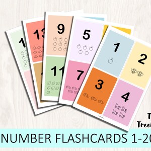 Puede incluir: Un conjunto de tarjetas de memoria coloridas que presentan los n&uacute;meros del 1 al 20 con ilustraciones correspondientes. Las ilustraciones incluyen manzanas, hojas, coches, abejas y otros objetos.