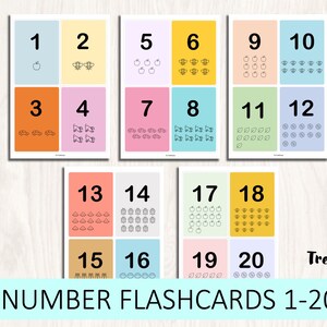 Puede incluir: Un conjunto de 20 tarjetas de memoria coloridas con los n&uacute;meros del 1 al 20 e ilustraciones correspondientes. Cada tarjeta tiene un color diferente y presenta una ilustraci&oacute;n diferente, como manzanas, abejas y nubes.
