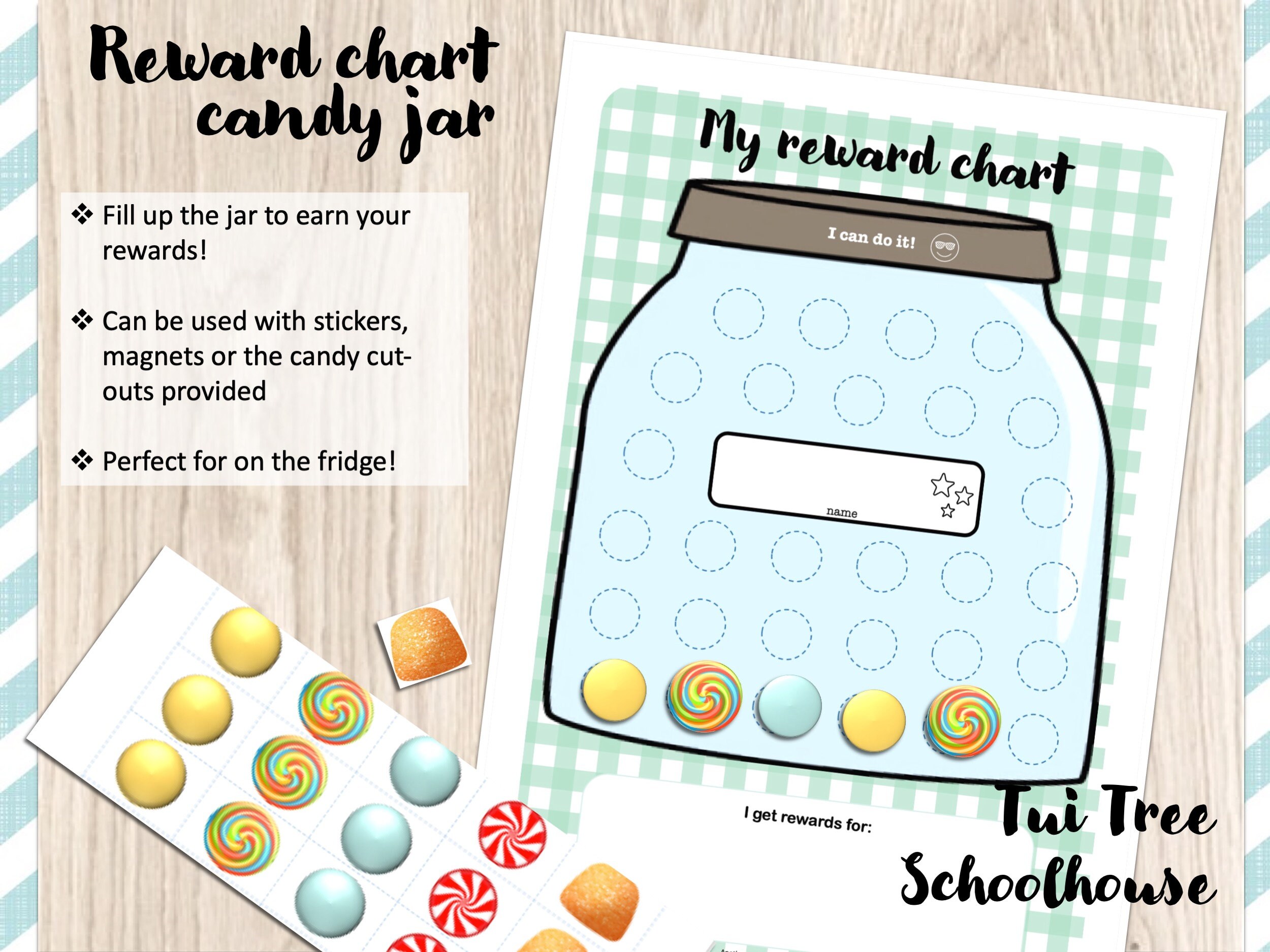 Sticker Chart, Reusable Reward Chart, Candy Jar Design Green Gingham